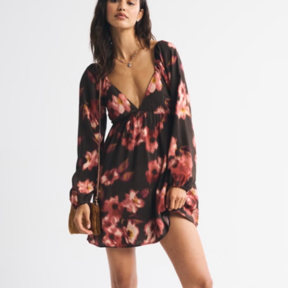 Abercrombie & Fitch Bra-Free Clasp-Back Flowy Mini Dress in Brown Floral